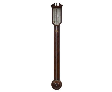 George III mahogany stick barometer, architectural pediment, boxwood and ebony string case, turned cistern cover, silvered di