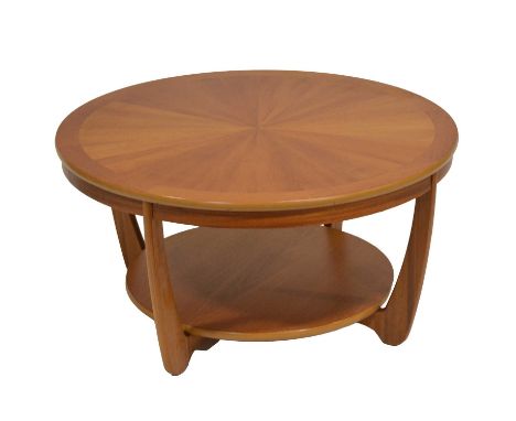 Teak Sunset coffee table, circular top, curved legs joined by a shelf, diameter 90cm, height 46cm.