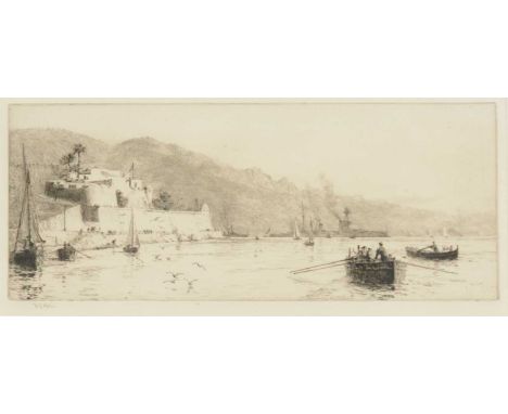 William Lionel Wyllie,Villa Franche,monochrome etching, signed.impression 16x37.5cm.