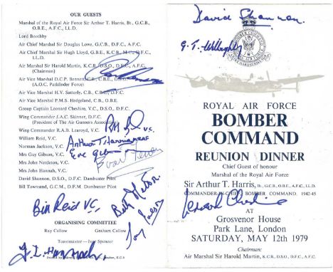 Royal Air Force Bomber Command Reunion Dinner signed menu, May 12th 1979, signed by Leonard Cheshire, David Shannon, G T Will