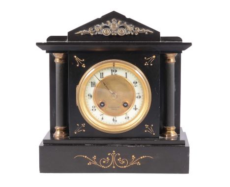 Victorian black marble mantel clock, signed Cashmore Paris, architectural form with gilt metal mounts, ivorine chapter ring w