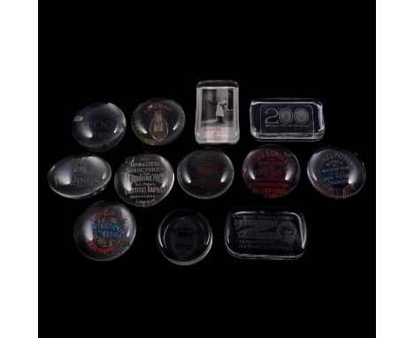 A collection of advertising glass paperweights, including Apenta Water, Elwell Tools, etc.Qty: 12