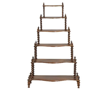 Victorian walnut whatnot, six graduating shelves, barley twist supports, width 87cm, depth 28cm, height 134cm.Condition repor