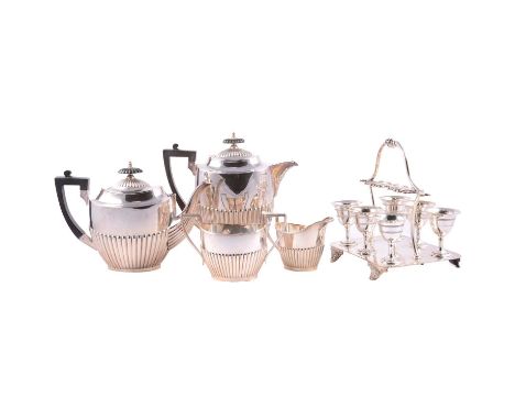 An Asian white metal milk and sugar bowl; silver napkin ring, plated cruet; tea/coffee set; egg cruet; vases, condiments etc.