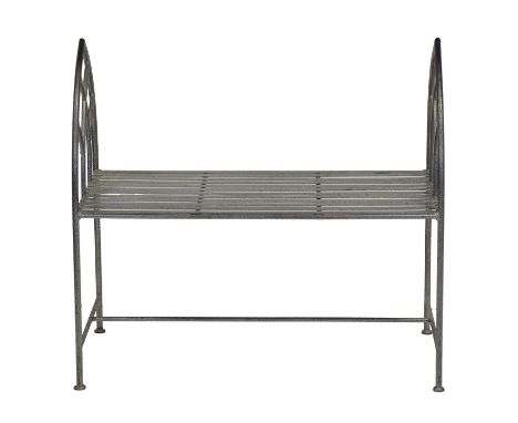 Gothic style metal bench, lancet ends, length 89cm, depth 46cm, height 86cm.