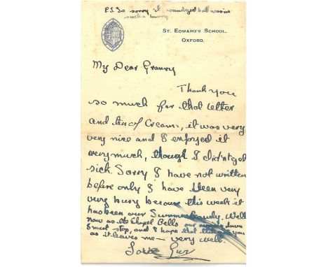 Guy Penrose Gibson, a signed letter, circa 1932, on St Edward's School, Oxford headed paper, "To My Dear Granny, Thank you so