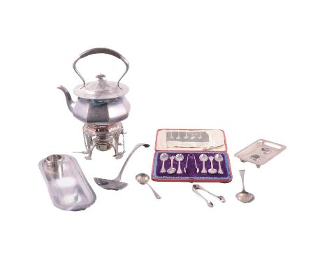 Assorted silver and plated wares including a Haig Dimple decanter bottle mounted in pierced Chinese white metal cover, 25cm; 