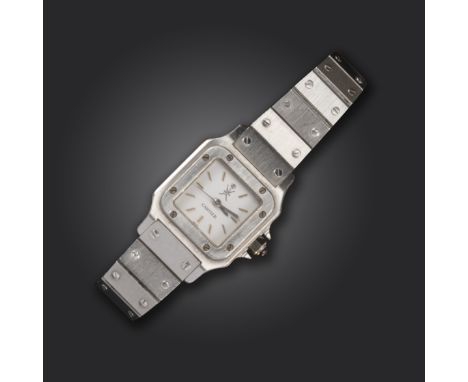 A platinum Santos wristwatch by Cartier, the square signed white dial with baton numerals, with the National emblem of Oman a