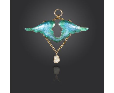 An enamel wings pendant by Child &amp; Child, the stylised wings decorated with green and blue enamel on fine-link gold chain