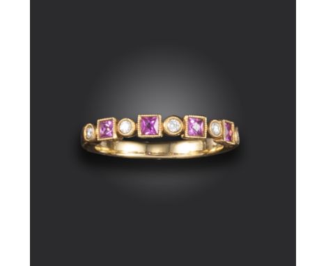 A pink sapphire and diamond half-hoop ring, set with round brilliant-cut diamonds and French-cut pink sapphires, with foliate