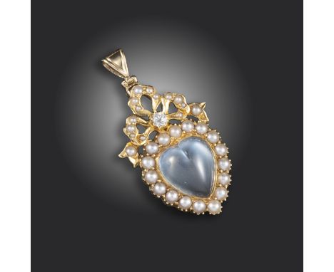 A carved moonstone, seed pearl and diamond-set heart pendant, the heart-shaped moonstone set within a surround of seed pearls