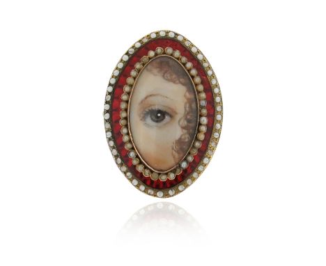 An eye miniature ring, of lozenge-shape, within seed pearl and white and red enamel border in closed-back gold mount, size M