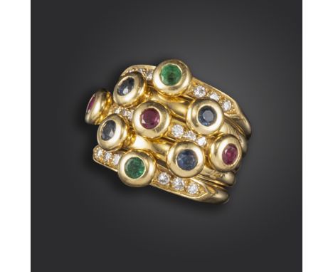 A gem-set gold harem ring, the five gold bands alternately-set with diamond and emeralds, rubies and sapphires in rubover sur