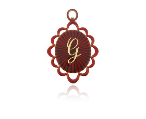 An early 19th century enamel locket pendant, c1800, with openwork scalloped border, with red guilloche enamel decoration, app
