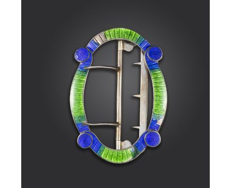 A silver and enamel belt buckle by Child &amp; Child, formed with interlocking scrolls with blue and green enamel decoration 
