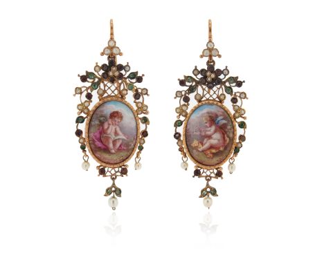 A pair of 19th century enamel and gem-set gold drop earrings, the oval enamels decorated with putti and with mother-of-pearl 