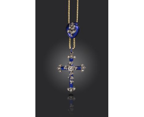 A Victorian diamond and enamel cruciform pendant, the cross with diamond foliate decoration and blue enamel in silver on gold