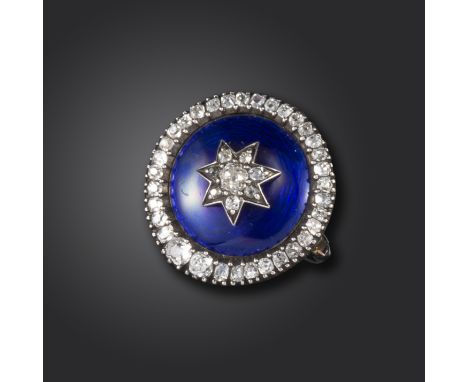 A 19th century diamond-set brooch, with blue enamel decoration within a surround of graduated old cushion-shaped diamonds, th