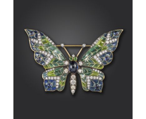 A gem-set and enamel gold butterfly brooch, the wings set with diamonds and cabochon sapphires on blue and green plique-ΰ-jou