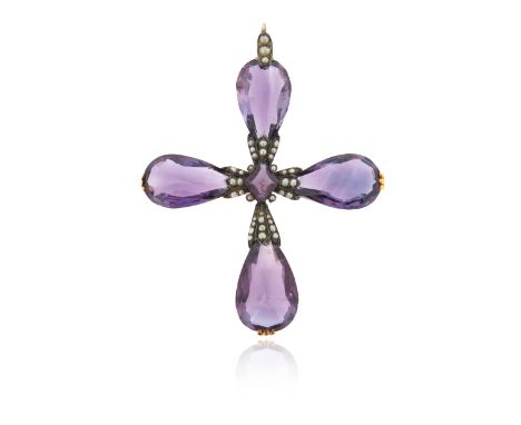 A 19th century amethyst-mounted cruciform pendant, the four pear-shaped amethysts centred with a lozenge-shaped amethyst with