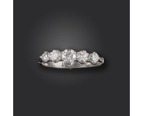 A diamond five-stone ring, set with graduated old circular-cut diamonds in platinum, size R 1/2