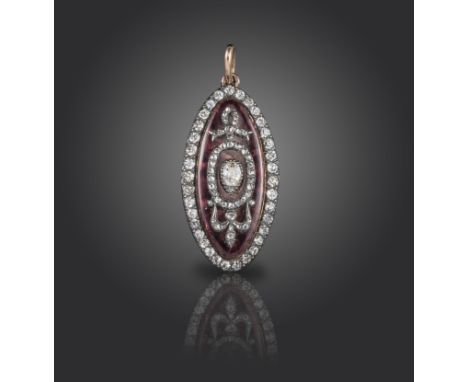 A George III diamond and enamel pendant, the central purple enamel lozenge applied with diamond-set bows within diamond borde
