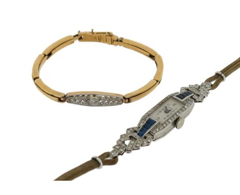 A lady's Art Deco sapphire and diamond wristwatch by Garrard, manual movement, on silk band, with an Edwardian gold bracelet 