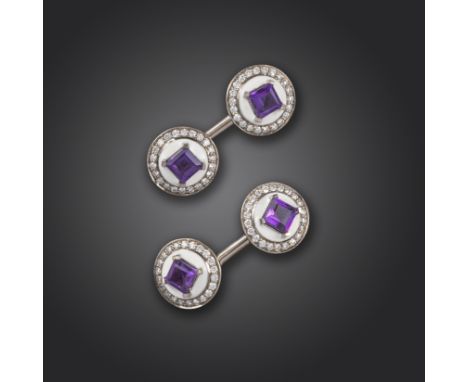 A pair of amethyst, diamond and enamel gold cufflinks, each circular link set with a square-shaped amethyst within a surround