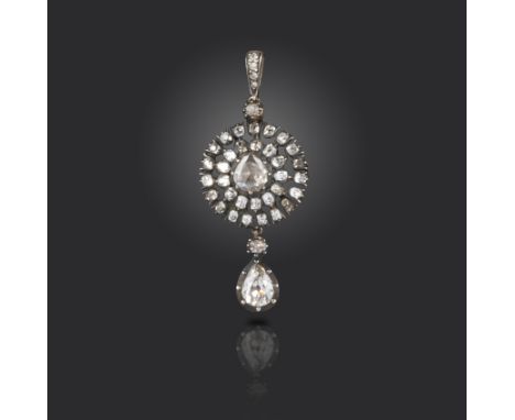 A late George III diamond pendant, centred with a rose-cut diamond in closed-back silver mount, set within two rows of small 