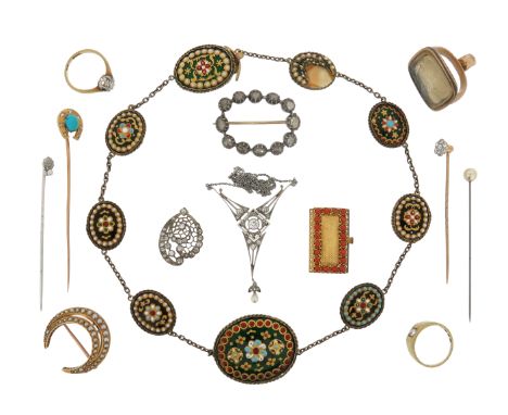 λ Assorted jewellery, including an abstract-shaped diamond-set pierced pendant; an Edwardian and pearl-set pendant on a fine-