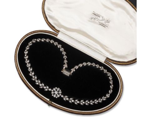 A Victorian diamond laurel necklace, the central flowerhead cluster is set on graduated pairs of diamond-set leaves separated
