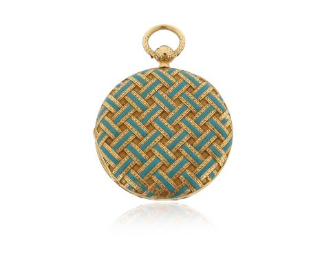 A gold hunting-cased key-wind fob watch, both cases decorated with blue enamel and foliate-chased strapwork, the white enamel