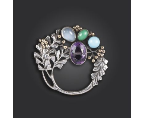 An Arts and Crafts silver and gem-set brooch, of stylised wreath form set with amethyst, moonstone and turquoise in silver, 4