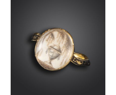 A George III black enamel mourning ring, the oval plaque painted with an urn and willows (possibly on ivory), the black ename