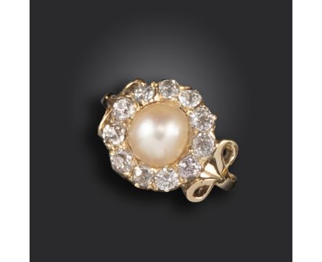 An untested pearl and diamond ring, centred with a half pearl within a surround of old cushion-shaped diamonds in gold, size 