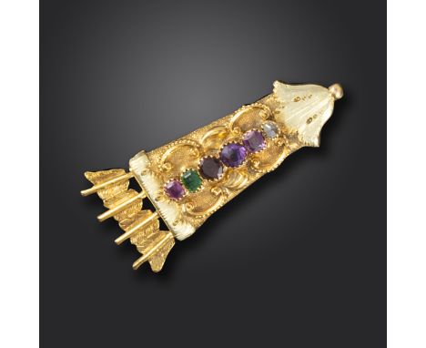 A Regency acrostic gold brooch pendant, designed as a quiver of arrows and set with a ruby, emerald, garnet, amethyst, ruby a
