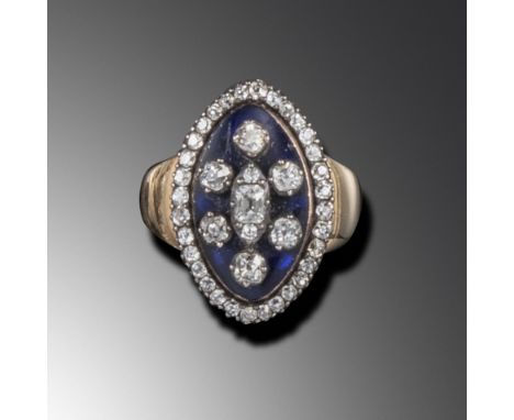 A George III diamond lozenge ring, the blue enamel lozenge decorated with old cushion-shaped diamonds within a diamond border