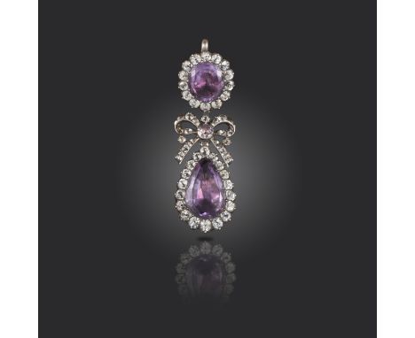 An 18th century amethyst and paste-set silver pendant, the amethyst and white paste clusters suspend a bow and a further pear
