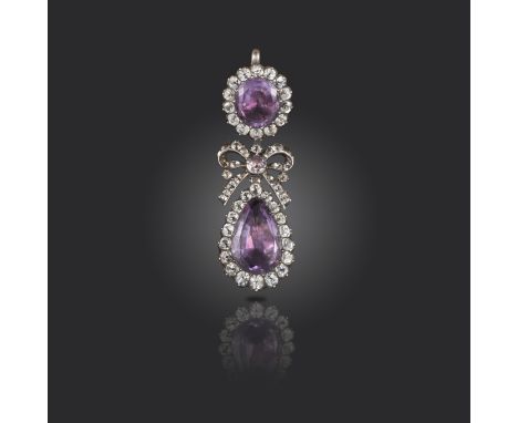 An 18th century amethyst and paste-set silver pendant, the amethyst and white paste clusters suspend a bow and a further pear