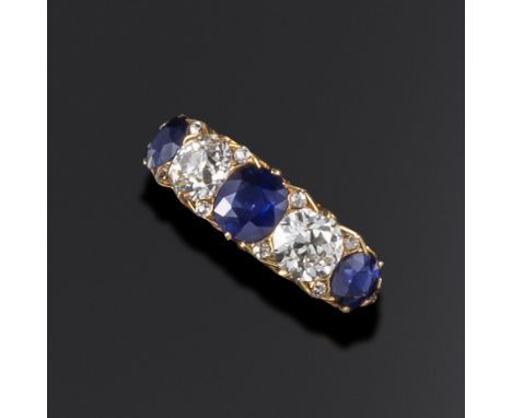 A Victorian sapphire and diamond half-hoop ring, alternately-set with old cushion and circular-cut sapphires and diamonds wit