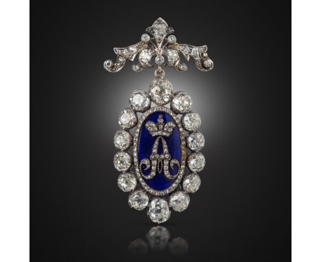 An early 19th century diamond monogram brooch, the diamond-set 'A' beneath a coronet on blue enamel ground, set within two su