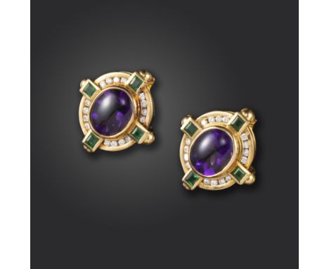 A pair of amethyst, emerald and diamond cluster earrings, the oval-shaped amethysts with polished cabochon tops and pavilion 