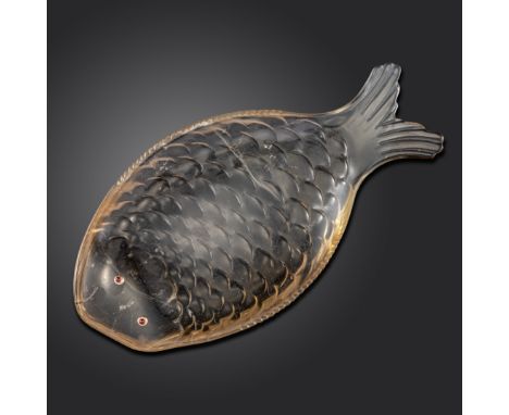 An early 20th century carved rock crystal flat fish caviar dish, in the style of Fabergé, realistically formed with scales an