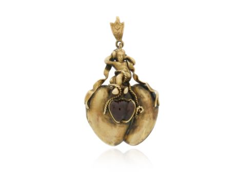 A late 19th century double heart gold locket pendant, centred with a pair of garnet hearts and surmounted with a seated putti