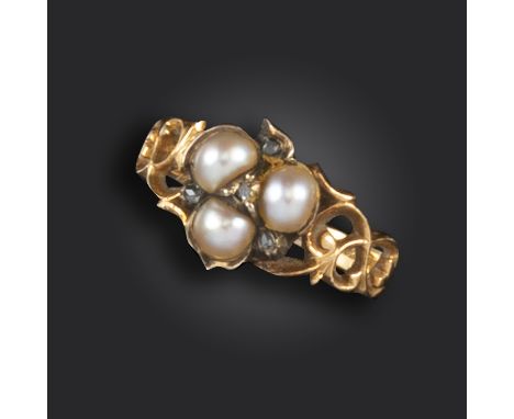 An early Victorian pearl and diamond-set ring, of trefoil design, set with three half pearls and four rose-cut diamonds, with