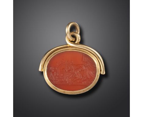A 19th century erotic carnelian intaglio seal, depicting Cupid spinning a wheel of phalluses, two naked maidens are making us