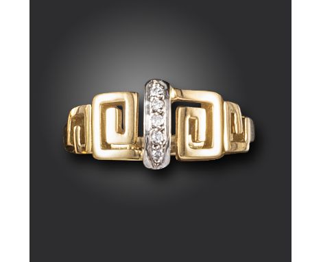 A gold and diamond ring by Lalaounis, of Greek keypattern design, centred with a line of diamonds in yellow gold, maker's mar