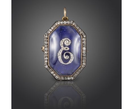 A George III diamond and enamel monogram brooch, the diamond-set 'E' on blue enamel ground within glazed compartment in octag
