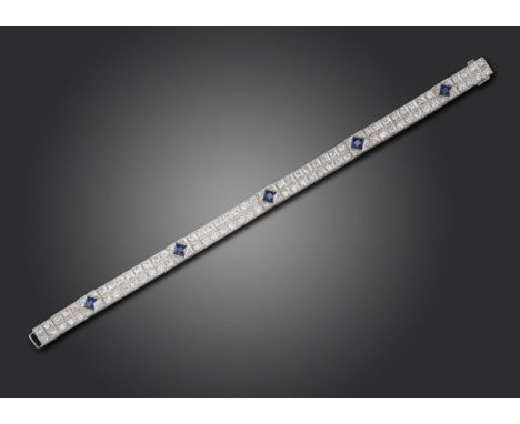 An Art Deco sapphire and diamond bracelet, set with pairs of old circular-cut diamonds millegrain set in square collets, sepa