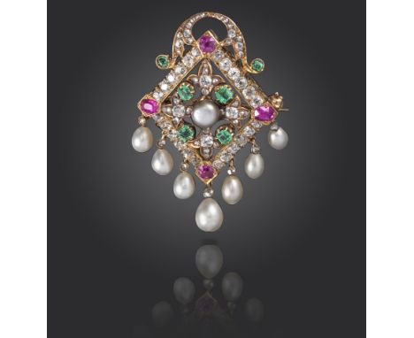 A mid 19th century gem-set lozenge brooch, set with a grey button pearl within a border of diamond fleur-de-lys, emeralds and